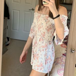 Coral smocked cold shoulder romper Hollister